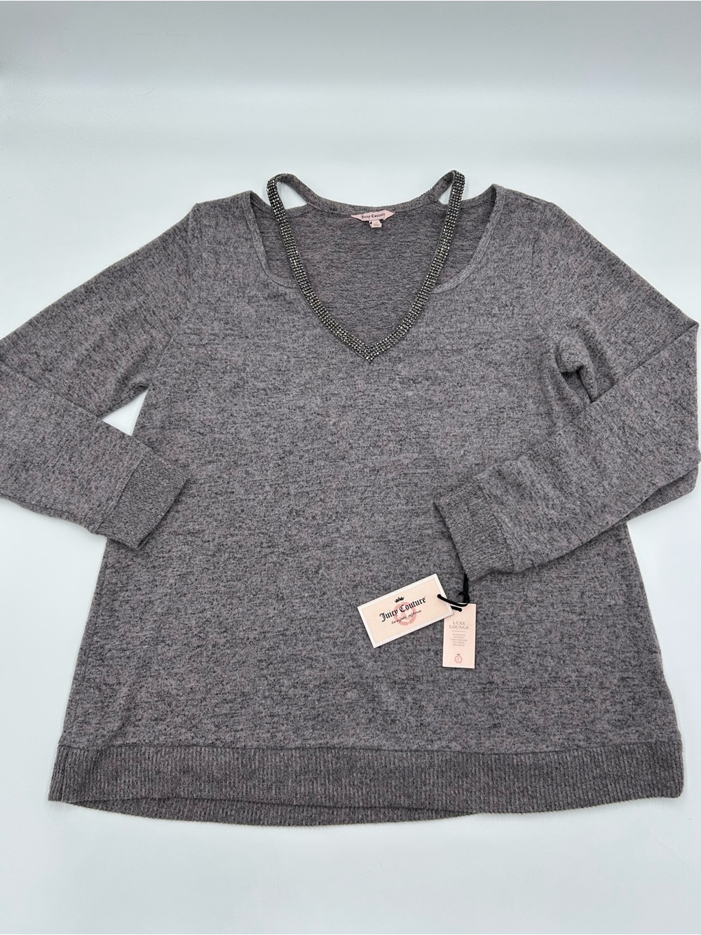Juicy Couture Heather Gray V-Neck Embellished Jewels Sweater L NWT